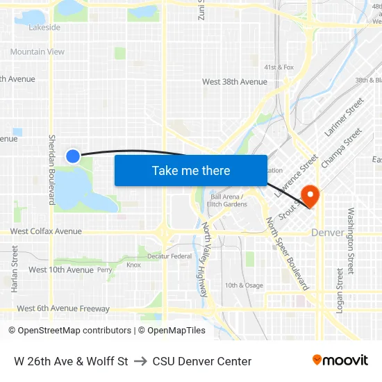 W 26th Ave & Wolff St to CSU Denver Center map