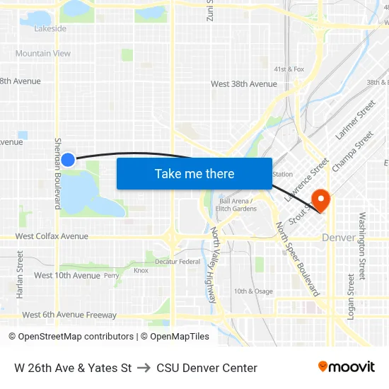 W 26th Ave & Yates St to CSU Denver Center map