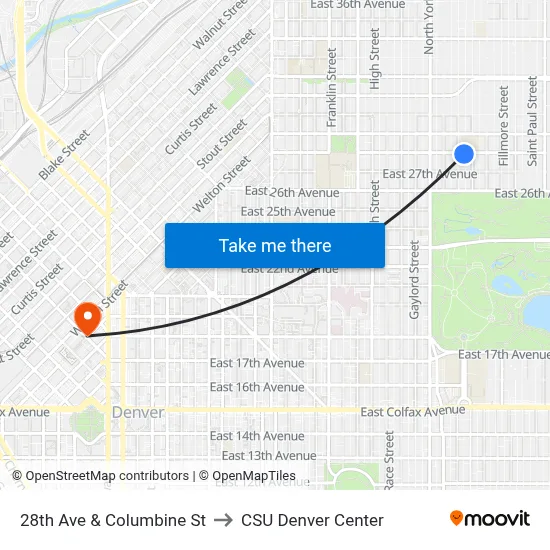 28th Ave & Columbine St to CSU Denver Center map
