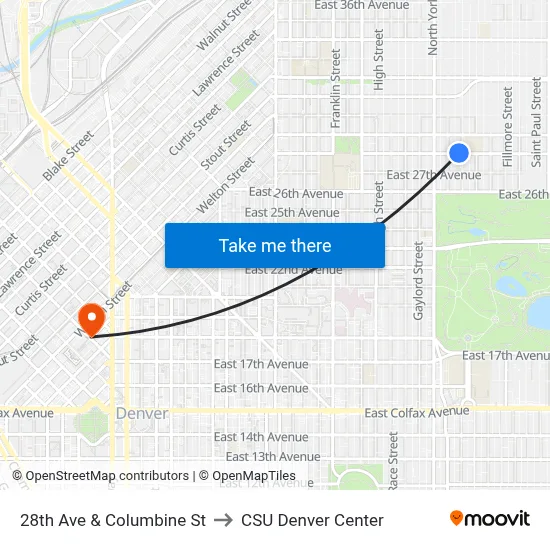 28th Ave & Columbine St to CSU Denver Center map