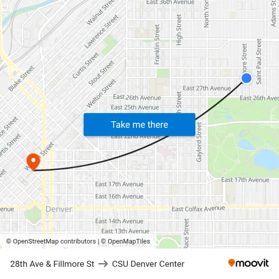 28th Ave & Fillmore St to CSU Denver Center map