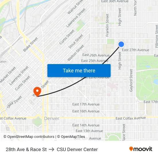 28th Ave & Race St to CSU Denver Center map