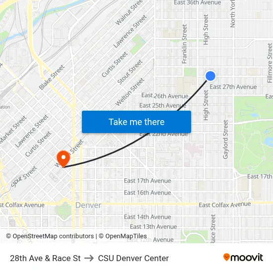 28th Ave & Race St to CSU Denver Center map
