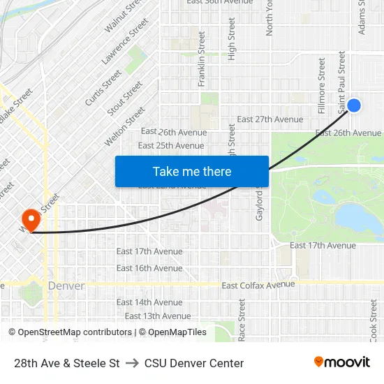 28th Ave & Steele St to CSU Denver Center map