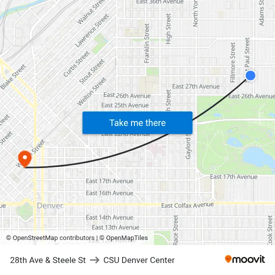 28th Ave & Steele St to CSU Denver Center map