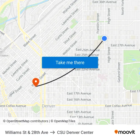 Williams St & 28th Ave to CSU Denver Center map