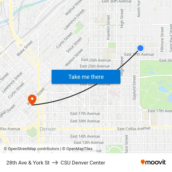 28th Ave & York St to CSU Denver Center map