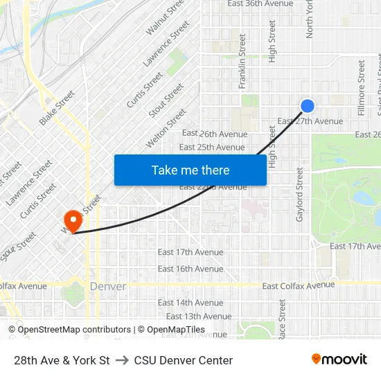 28th Ave & York St to CSU Denver Center map