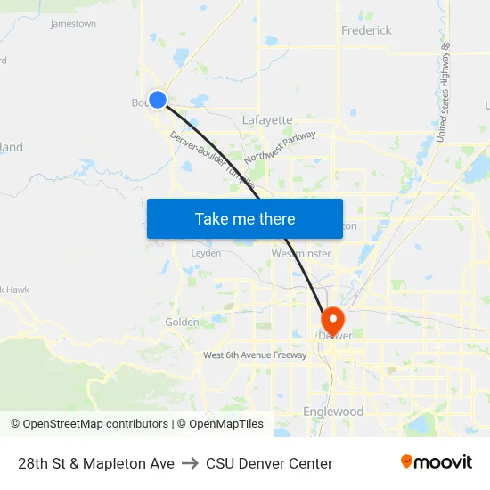 28th St & Mapleton Ave to CSU Denver Center map