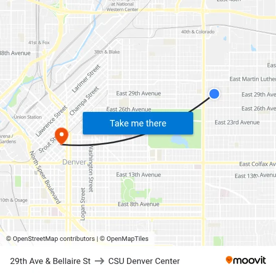 29th Ave & Bellaire St to CSU Denver Center map
