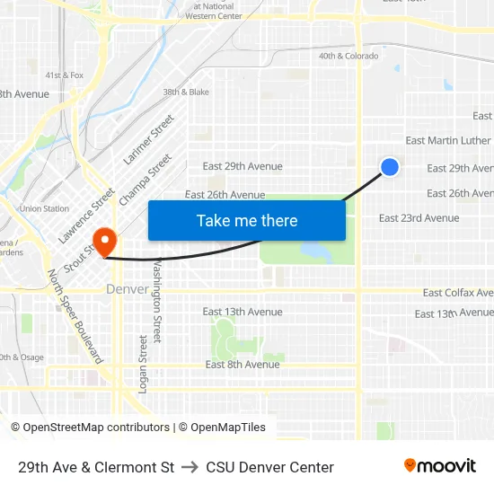 29th Ave & Clermont St to CSU Denver Center map
