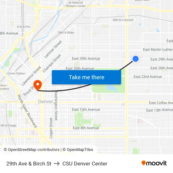 29th Ave & Birch St to CSU Denver Center map