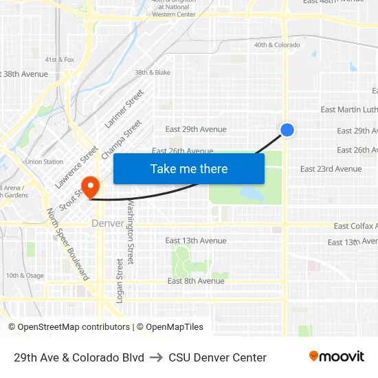 29th Ave & Colorado Blvd to CSU Denver Center map