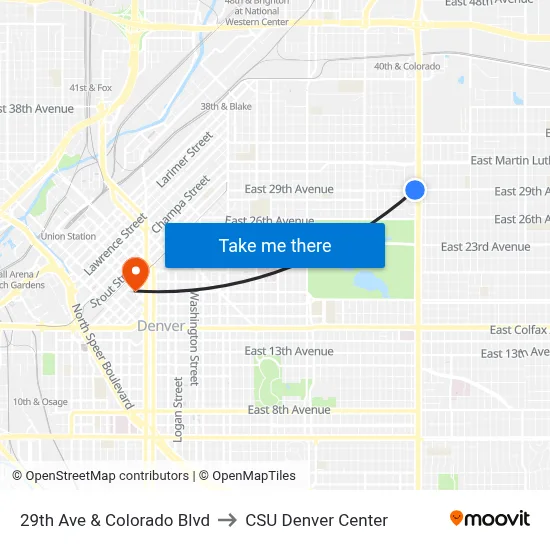 29th Ave & Colorado Blvd to CSU Denver Center map