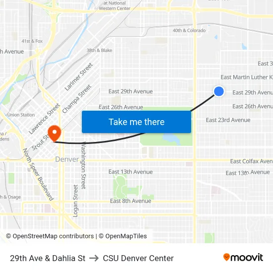 29th Ave & Dahlia St to CSU Denver Center map
