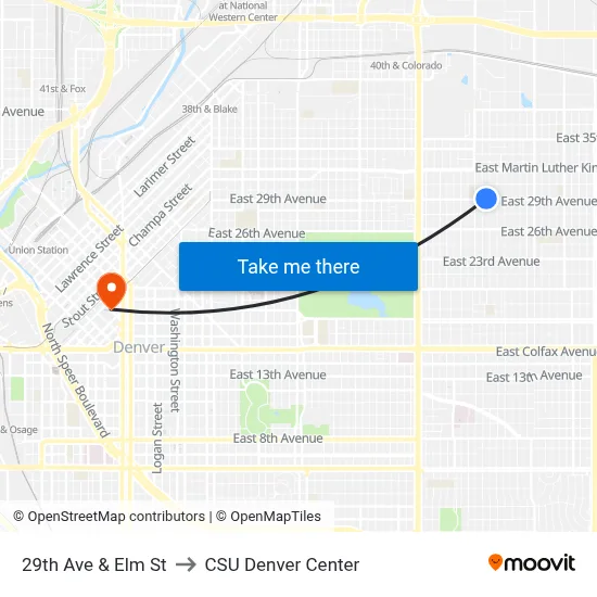 29th Ave & Elm St to CSU Denver Center map
