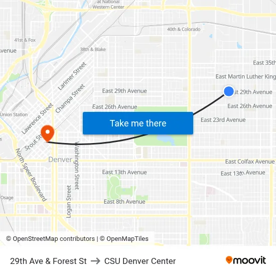 29th Ave & Forest St to CSU Denver Center map