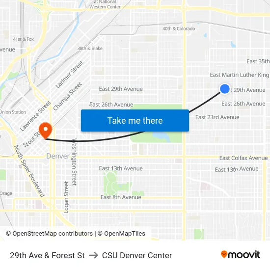 29th Ave & Forest St to CSU Denver Center map
