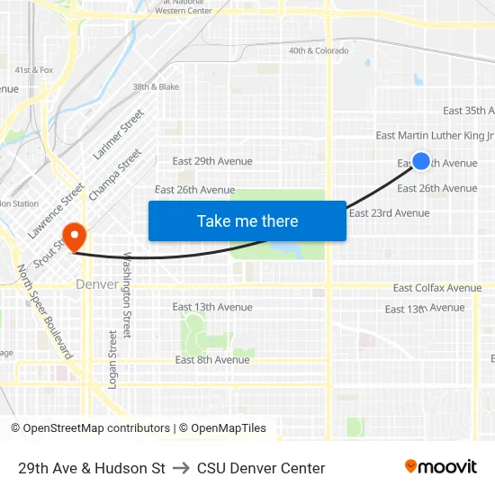 29th Ave & Hudson St to CSU Denver Center map