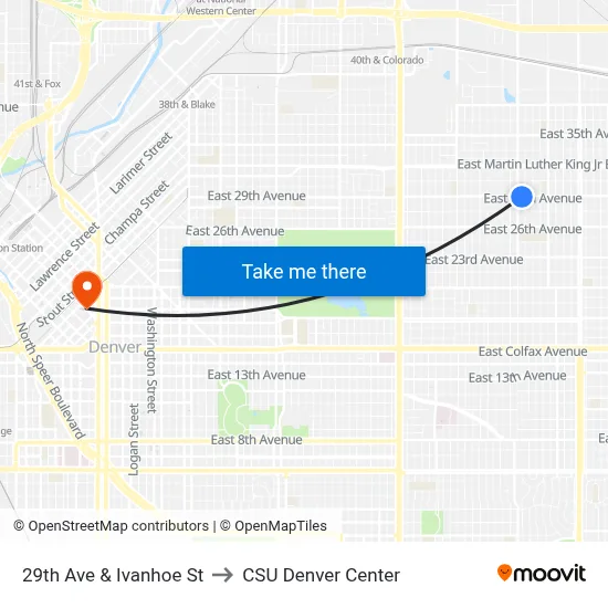 29th Ave & Ivanhoe St to CSU Denver Center map