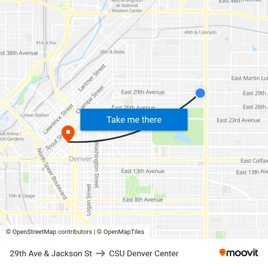 29th Ave & Jackson St to CSU Denver Center map