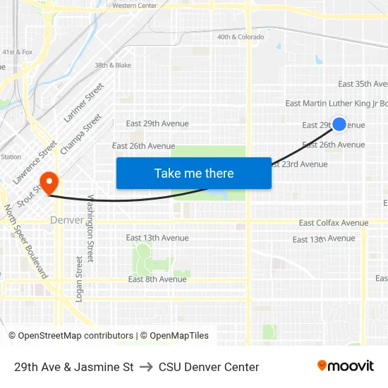 29th Ave & Jasmine St to CSU Denver Center map