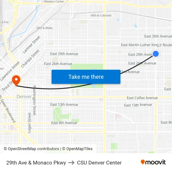 29th Ave & Monaco Pkwy to CSU Denver Center map