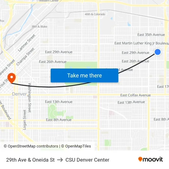 29th Ave & Oneida St to CSU Denver Center map