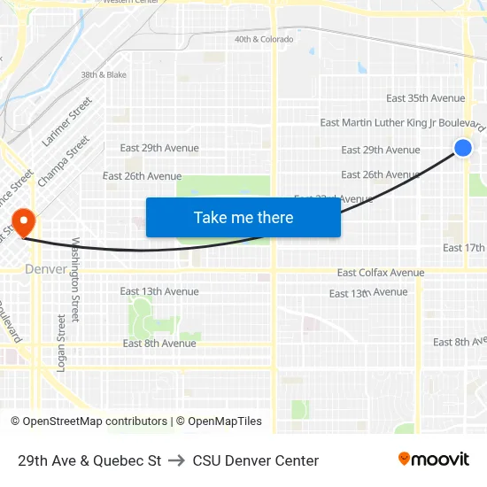 29th Ave & Quebec St to CSU Denver Center map