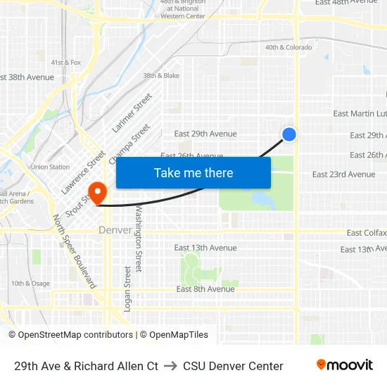 29th Ave & Richard Allen Ct to CSU Denver Center map