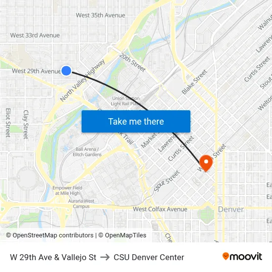 W 29th Ave & Vallejo St to CSU Denver Center map