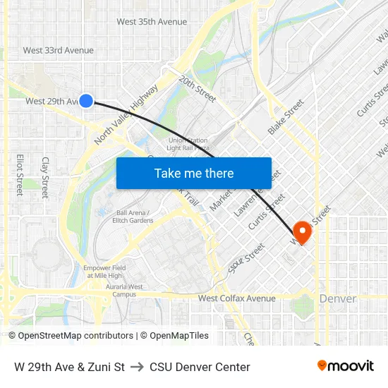 W 29th Ave & Zuni St to CSU Denver Center map