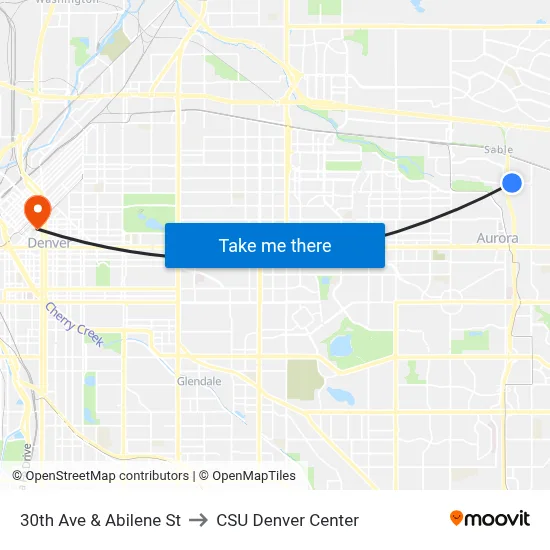 30th Ave & Abilene St to CSU Denver Center map