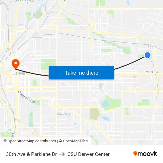 30th Ave & Parklane Dr to CSU Denver Center map