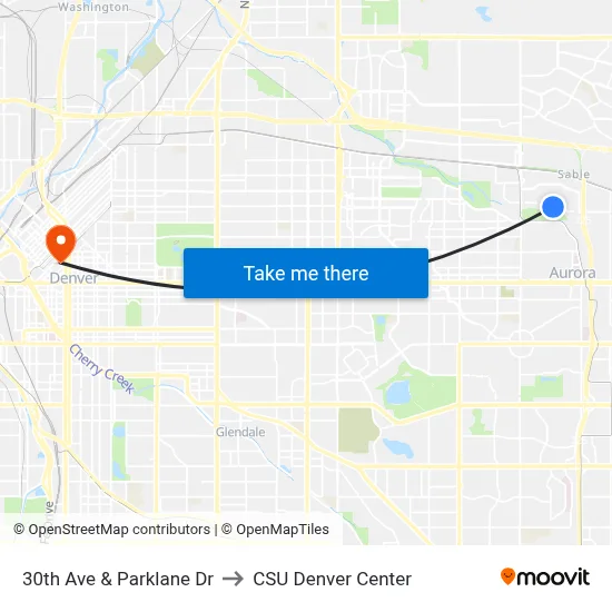 30th Ave & Parklane Dr to CSU Denver Center map