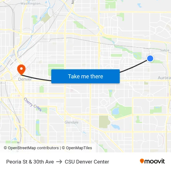 Peoria St & 30th Ave to CSU Denver Center map
