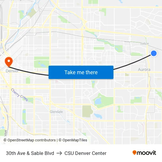 30th Ave & Sable Blvd to CSU Denver Center map