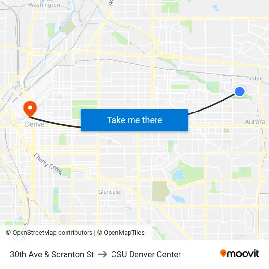30th Ave & Scranton St to CSU Denver Center map