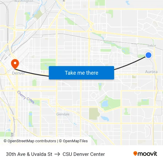 30th Ave & Uvalda St to CSU Denver Center map