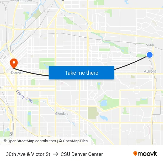 30th Ave & Victor St to CSU Denver Center map