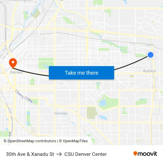 30th Ave & Xanadu St to CSU Denver Center map
