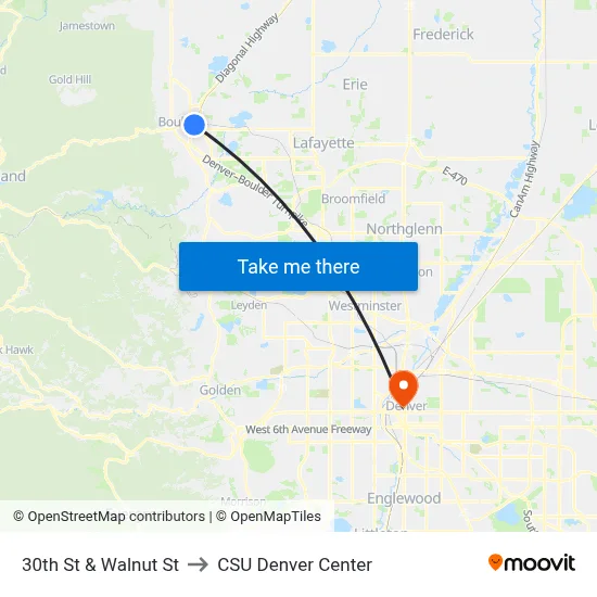 30th St & Walnut St to CSU Denver Center map