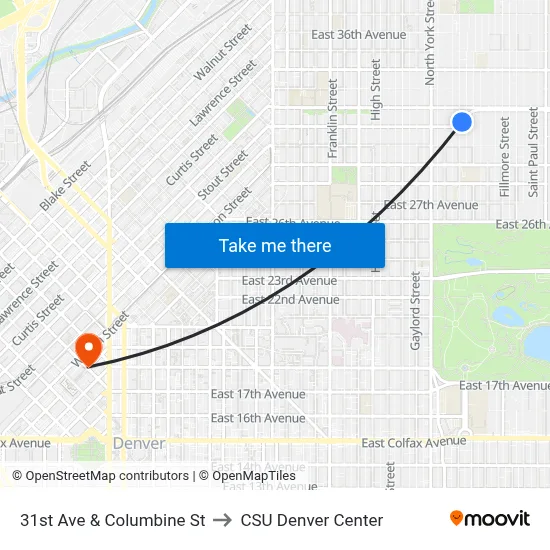 31st Ave & Columbine St to CSU Denver Center map