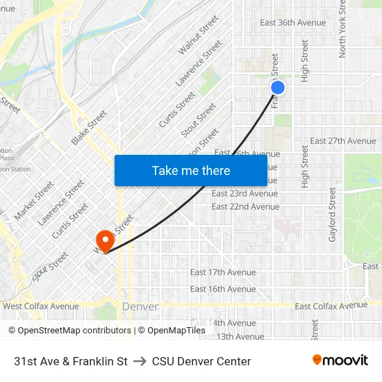 31st Ave & Franklin St to CSU Denver Center map