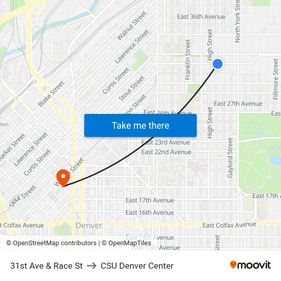 31st Ave & Race St to CSU Denver Center map
