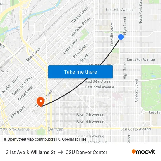 31st Ave & Williams St to CSU Denver Center map