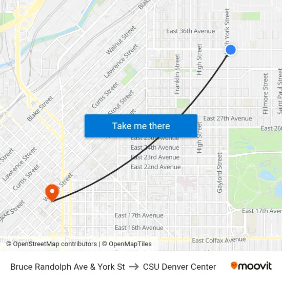 Bruce Randolph Ave & York St to CSU Denver Center map