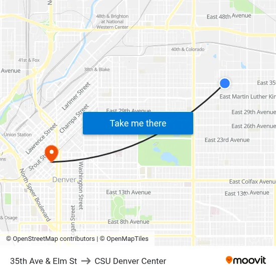 35th Ave & Elm St to CSU Denver Center map