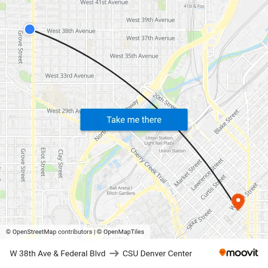 W 38th Ave & Federal Blvd to CSU Denver Center map