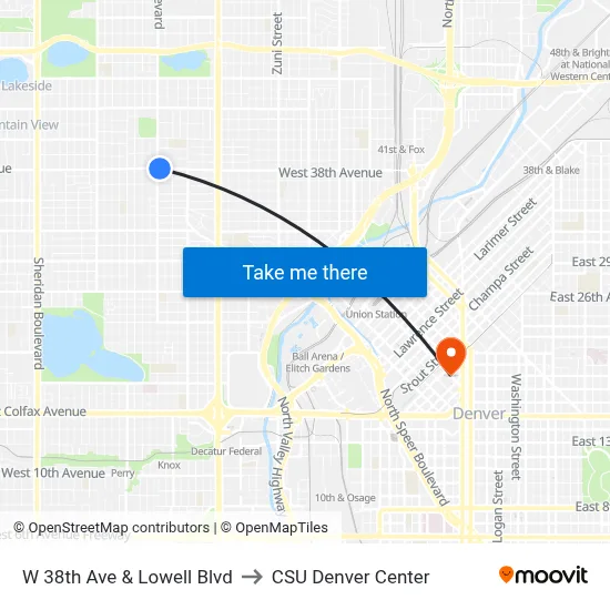 W 38th Ave & Lowell Blvd to CSU Denver Center map
